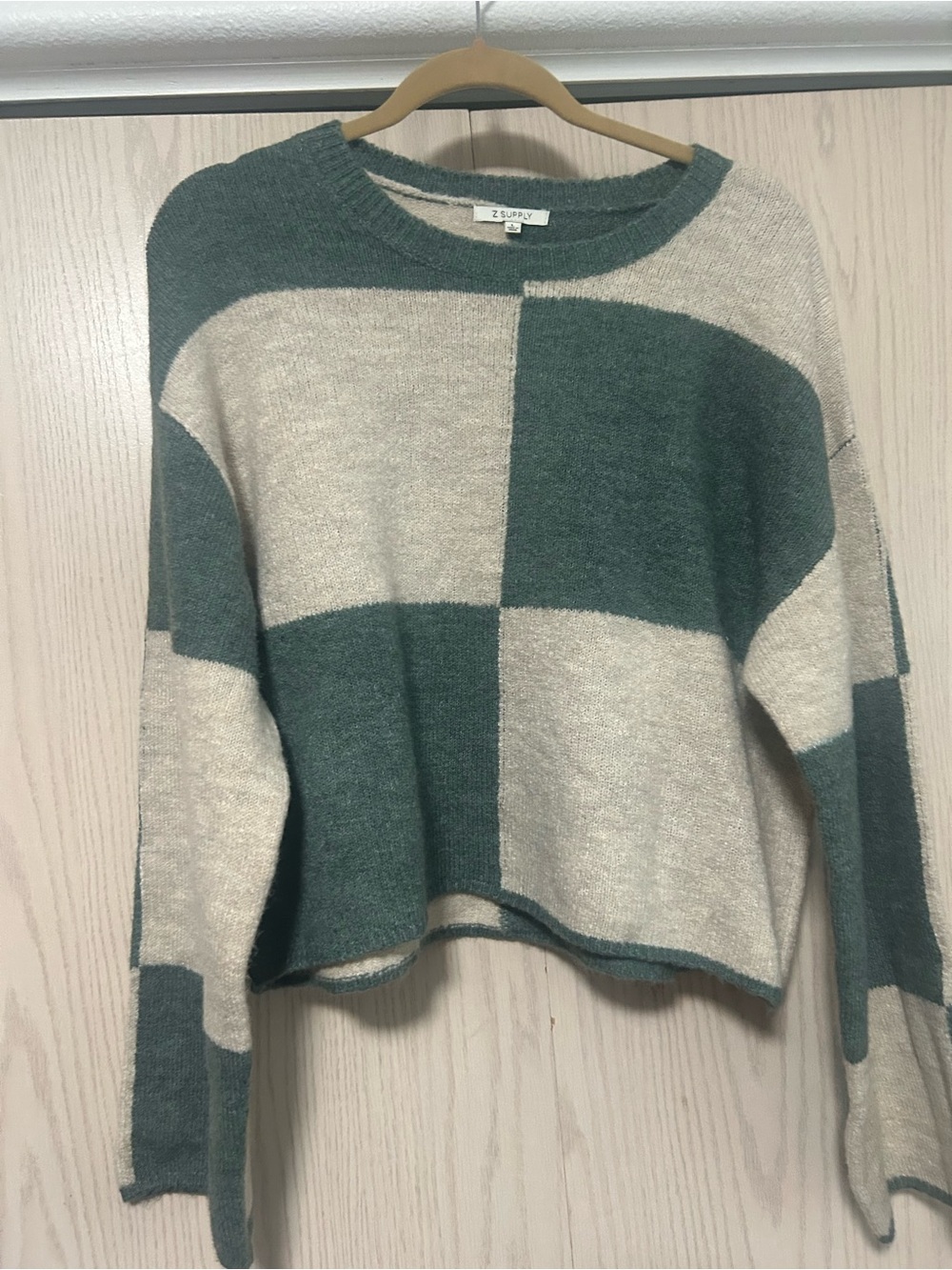 Z Supply Teal and Cream Checker-Block Crewneck Sweater